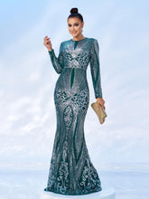 Green Geometric Sequin Long Sleeve Dress